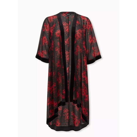 Torrid Red Floral Velvet Trim Hi-Lo Kimono Size 3 or 22/24 Plus - Picture 1 of 5